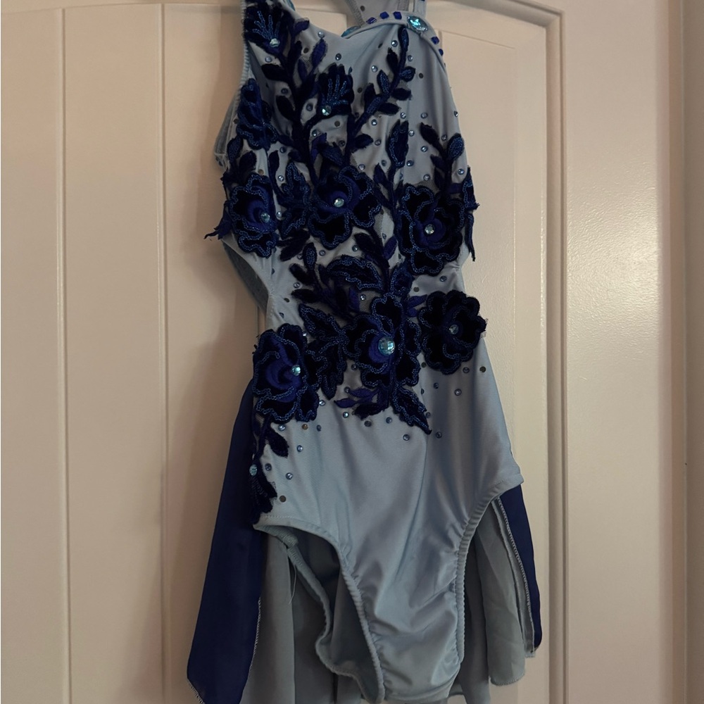 Elegant Blue Floral Embellished Leotard with half skirt. Custom stoning.
